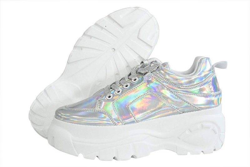 LUCKY STEP Women Chunky Platform Dad Colorblock White Neon Green Fuchsia Hologram Silver Casual Lace-Up Walking Sneakers (10 B(M) US, Hologram Silver) - Image 2
